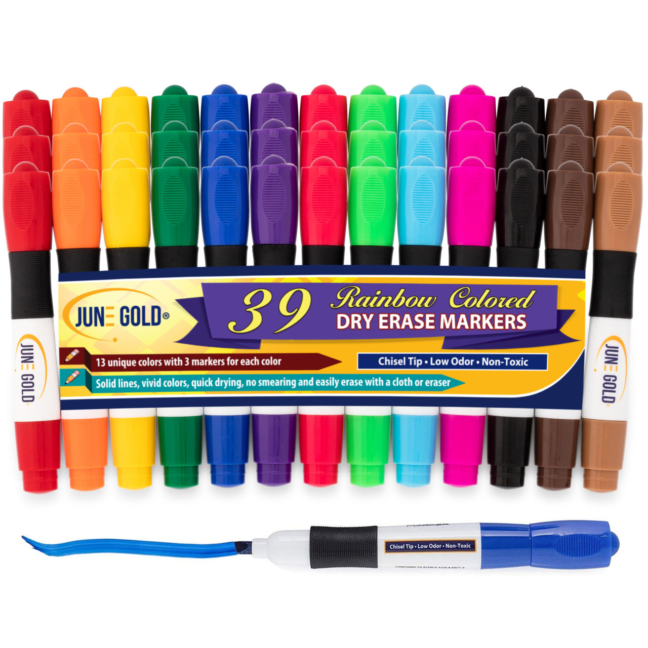 39 Pack of Assorted Colored Chisel Tip Dry Erase Markers June Gold